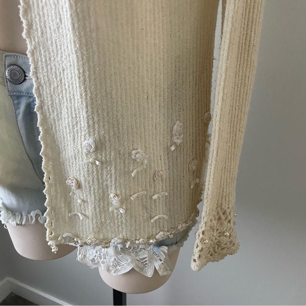 Vintage April Cornell Open Embellished Beaded Faux Pearl Knit Cardigan Granny - Picture 4 of 10